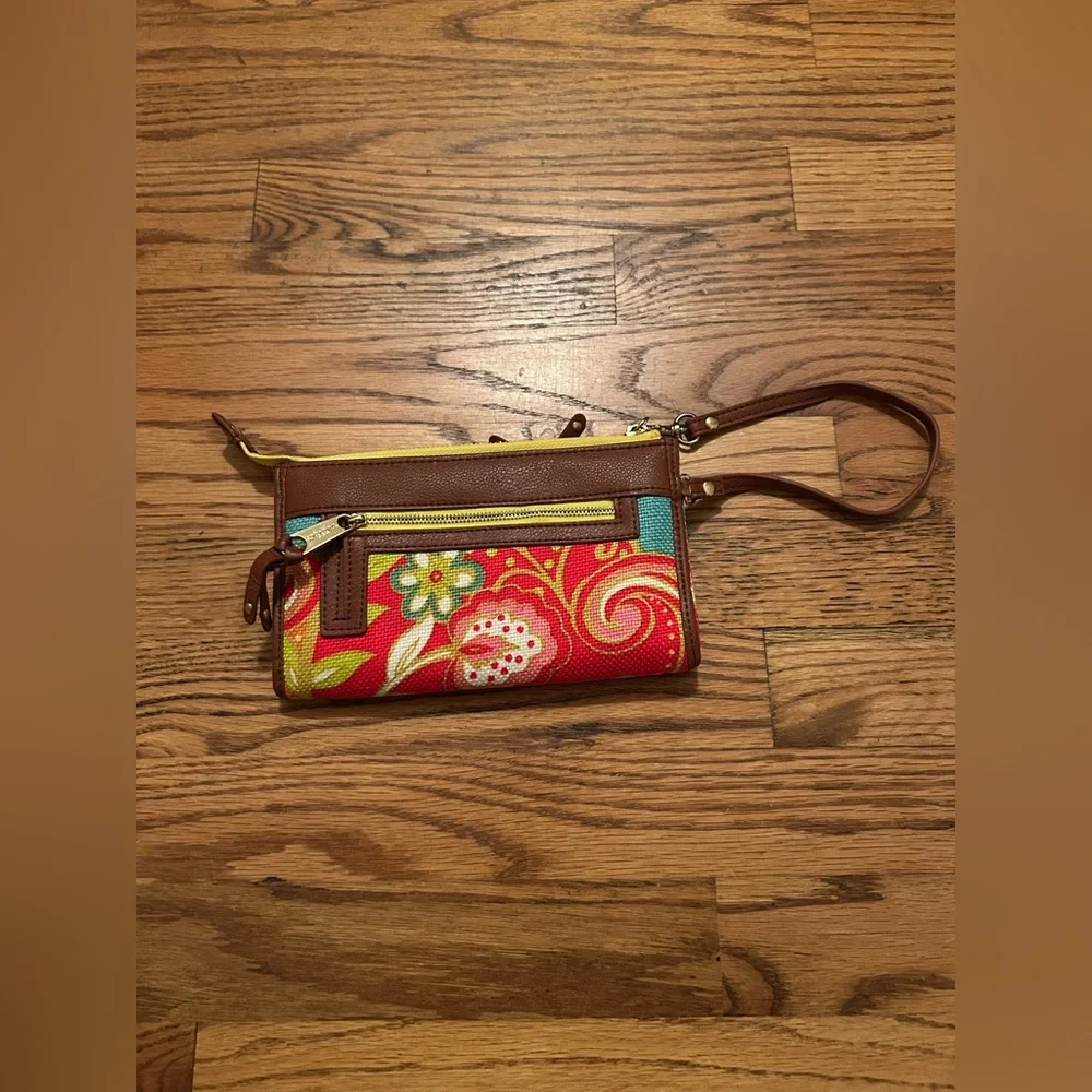Spartina 449 Women's Red Yellow Linen & Leather Floral Wristlet W/ Gold Accents